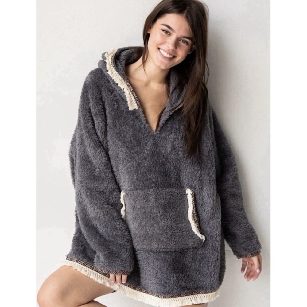 Natural Life One Size Gray Sherpa Cozy Blanket Oversized Fleece Hoodie Boho